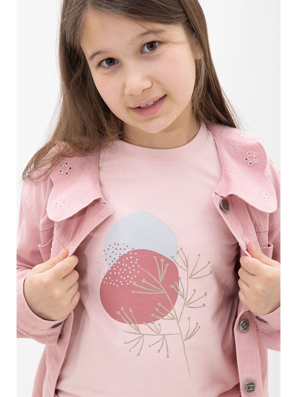 Pembe Çiçek Yaka Detaylı Ceketli Kız Çocuk Pantolonlu 3lü Takım 23630-4