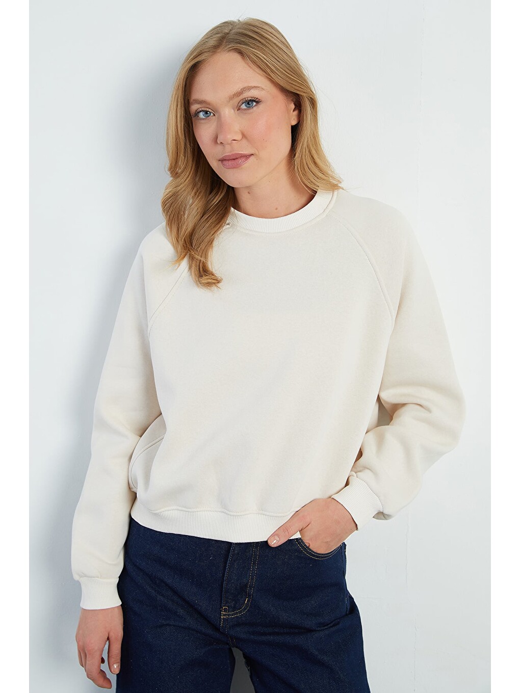 Bej 3 İplik Basic Bisiklet Yaka Oversize Sweatshirt