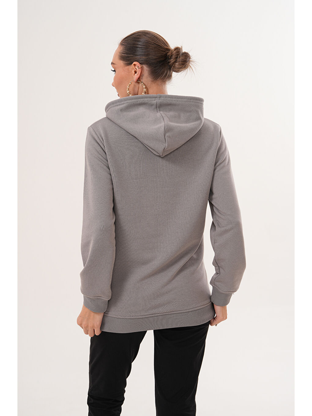 Gri %100 Pamuk Hamile ve Lohusa Basic Kapüşonlu Sweatshirt-6