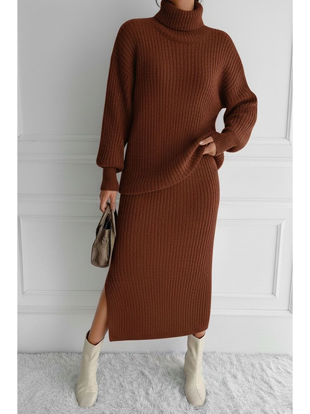 Kahverengi Kadın Tam Balıkçı Yaka Fitilli Triko Kazak Etek İkili Takım