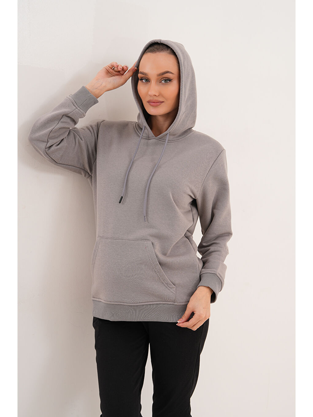 Gri %100 Pamuk Hamile ve Lohusa Basic Kapüşonlu Sweatshirt-7