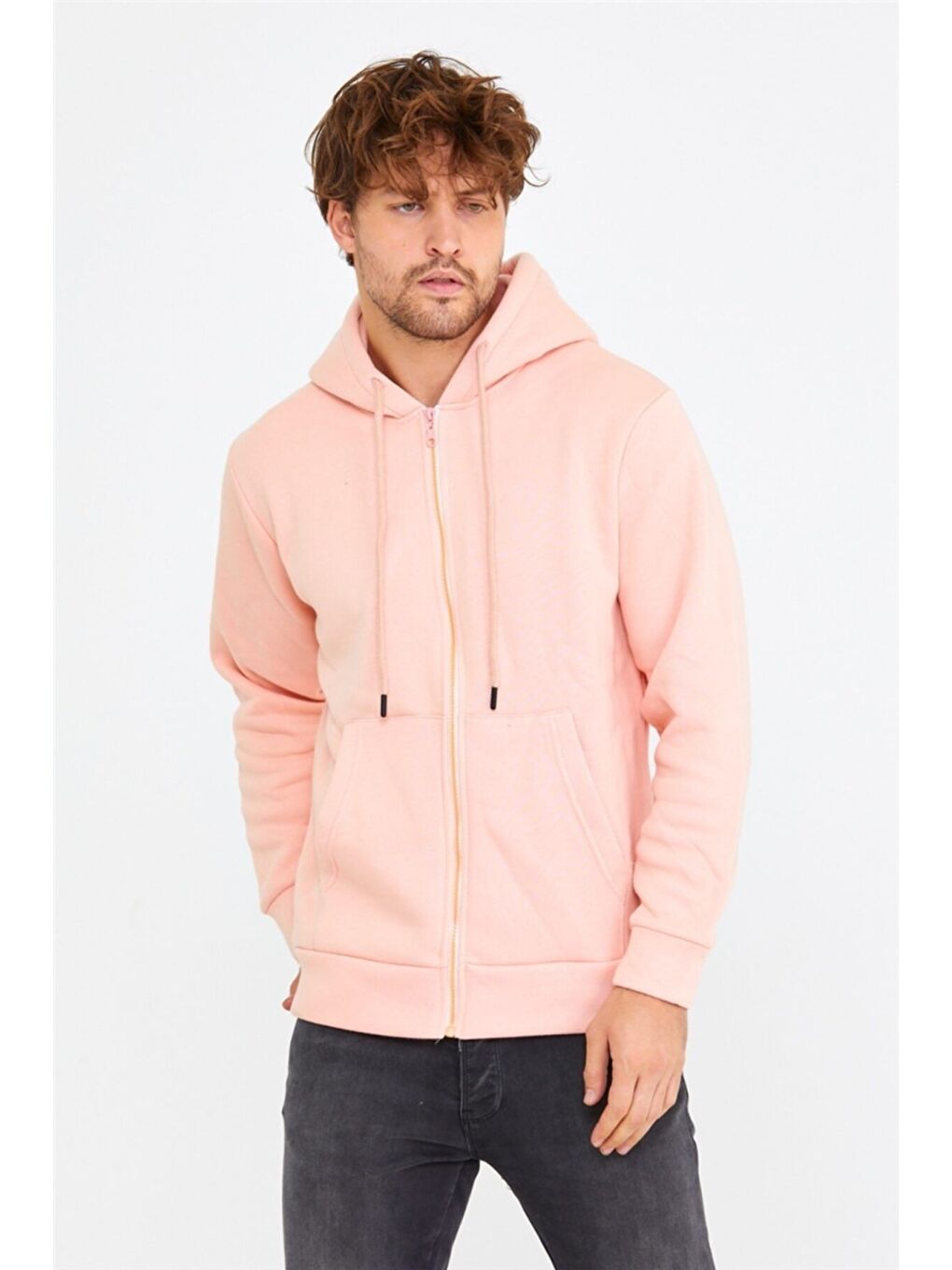 Tarz Cool Pembe Erkek Fermuarlı Kapüşonlu Sweat