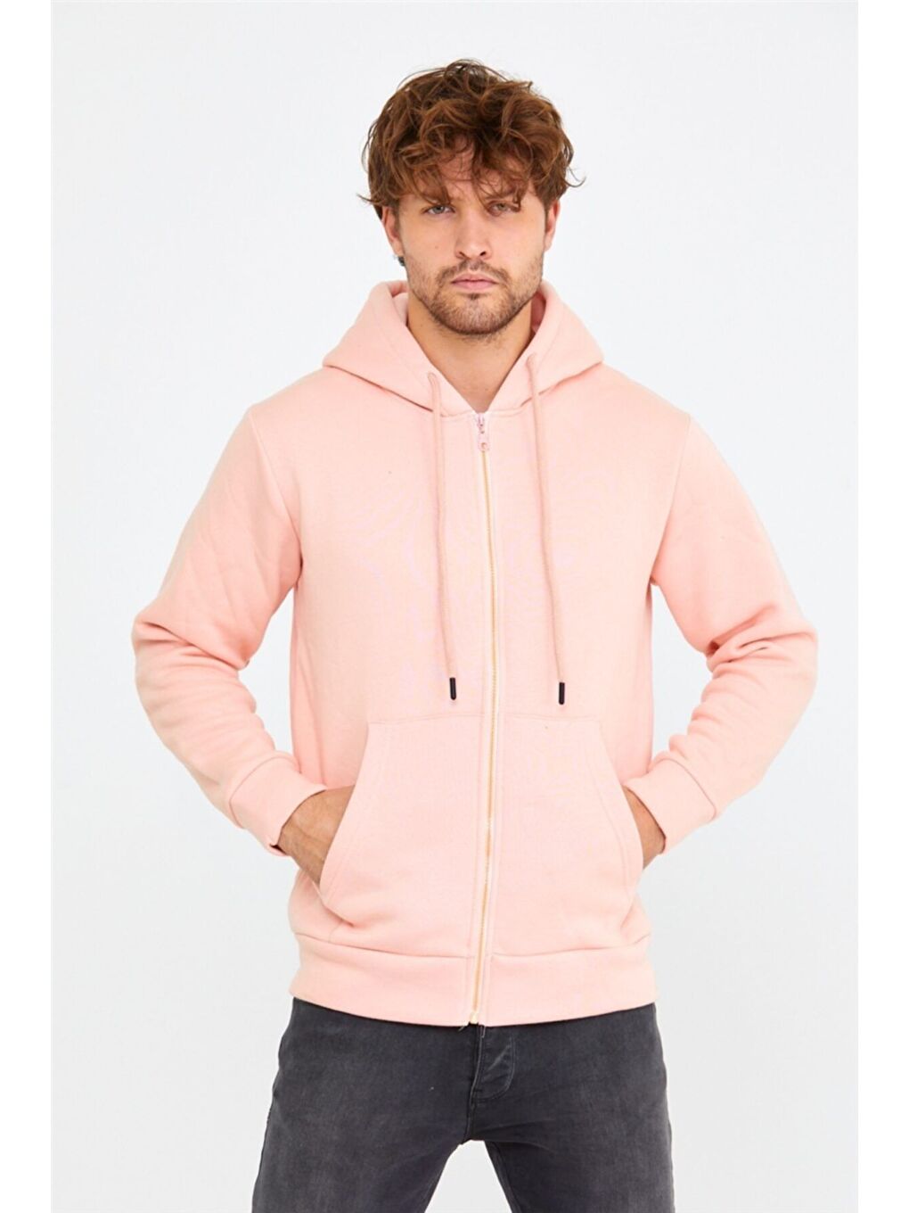 Tarz Cool Pembe Erkek Fermuarlı Kapüşonlu Sweat - 1