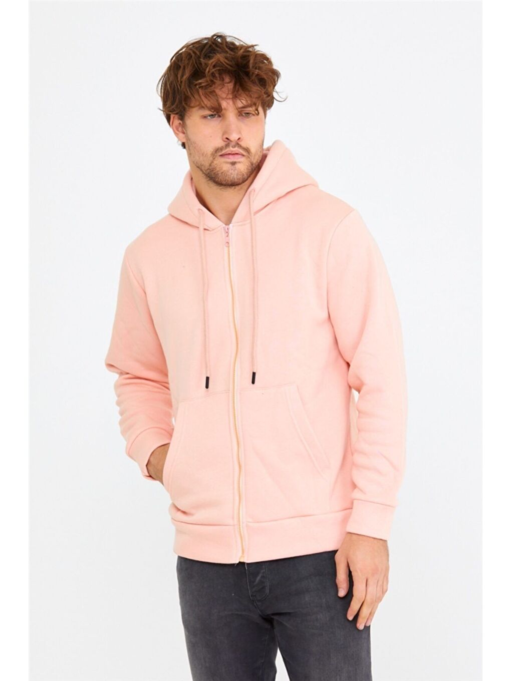 Tarz Cool Pembe Erkek Fermuarlı Kapüşonlu Sweat - 2