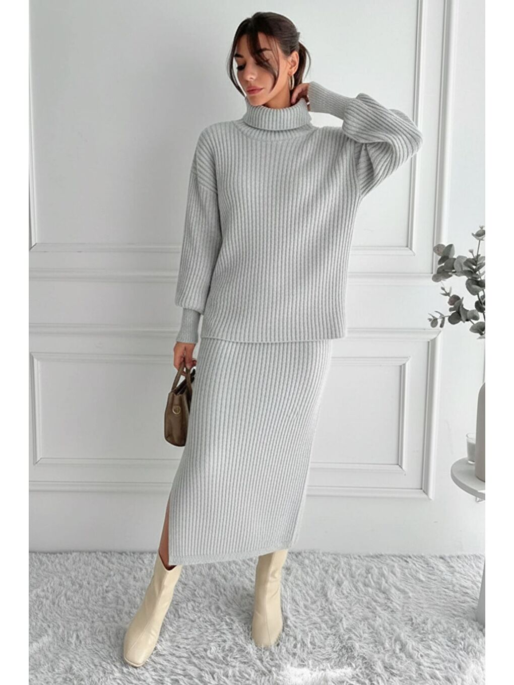 Gri Kadın Tam Balıkçı Yaka Fitilli Triko Kazak Etek İkili Takım-1