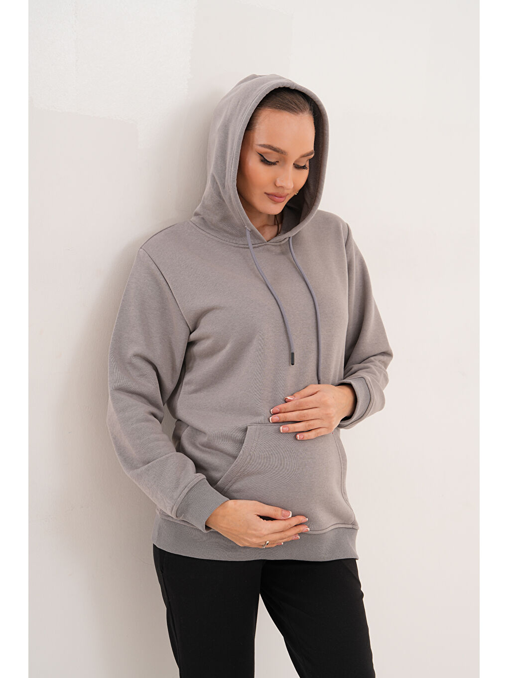 Gri %100 Pamuk Hamile ve Lohusa Basic Kapüşonlu Sweatshirt-8