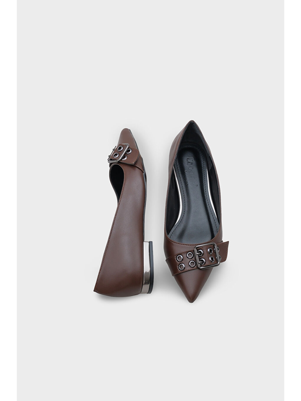 Kahverengi Krissie Sivri Burunlu Kısa Topuklu Metal Aksesuarlı Kadın Babet-4