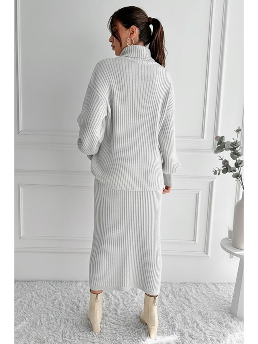 Gri Kadın Tam Balıkçı Yaka Fitilli Triko Kazak Etek İkili Takım-2