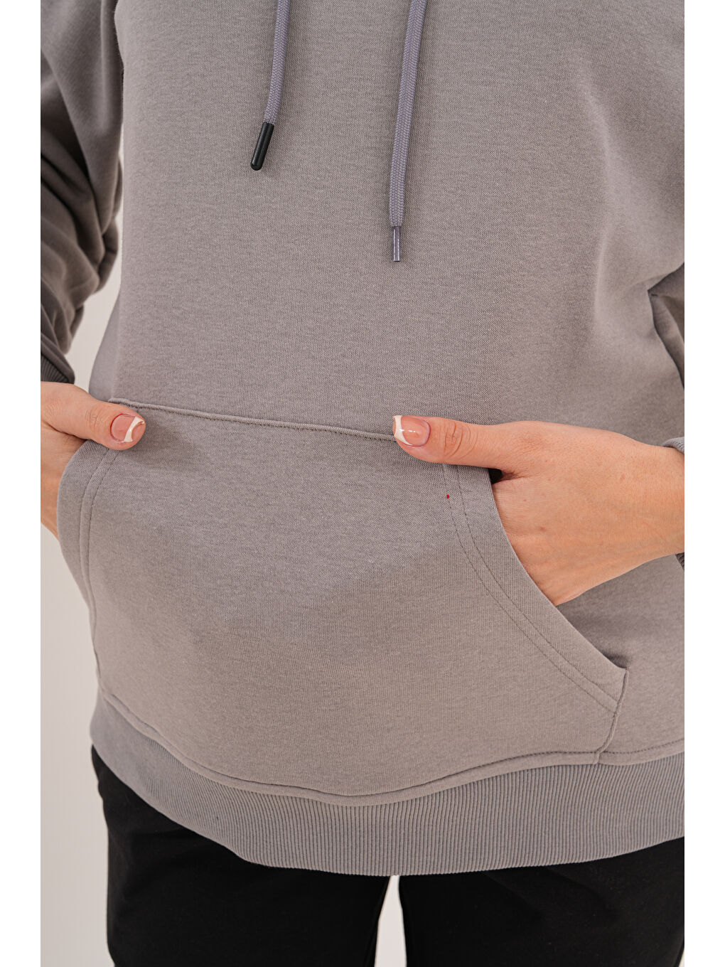 Gri %100 Pamuk Hamile ve Lohusa Basic Kapüşonlu Sweatshirt-9