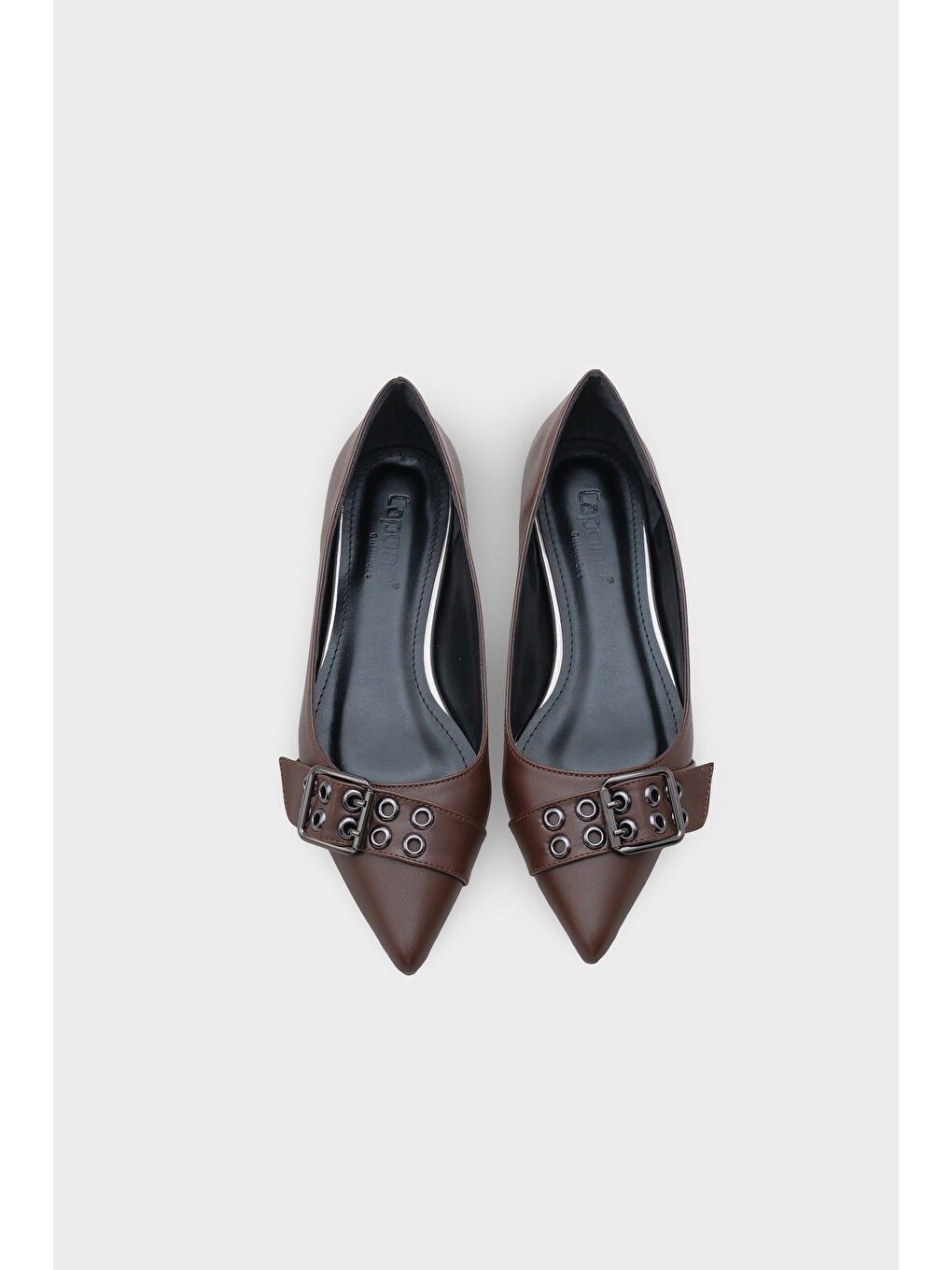 Kahverengi Krissie Sivri Burunlu Kısa Topuklu Metal Aksesuarlı Kadın Babet-5