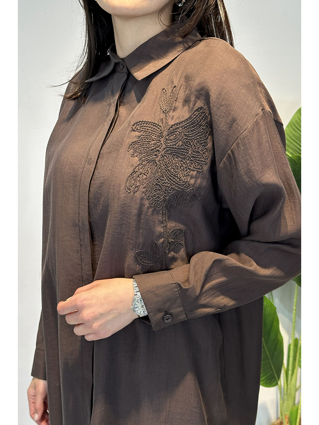 Kahverengi Nakış İşlemeli Oversize Gömlek Tunik 4471 Kahve-1