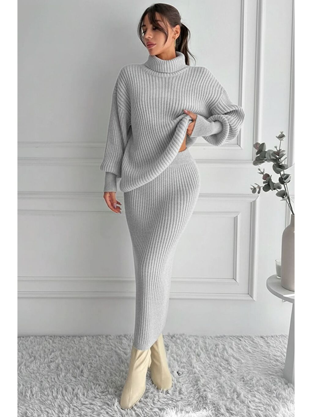Gri Kadın Tam Balıkçı Yaka Fitilli Triko Kazak Etek İkili Takım-3
