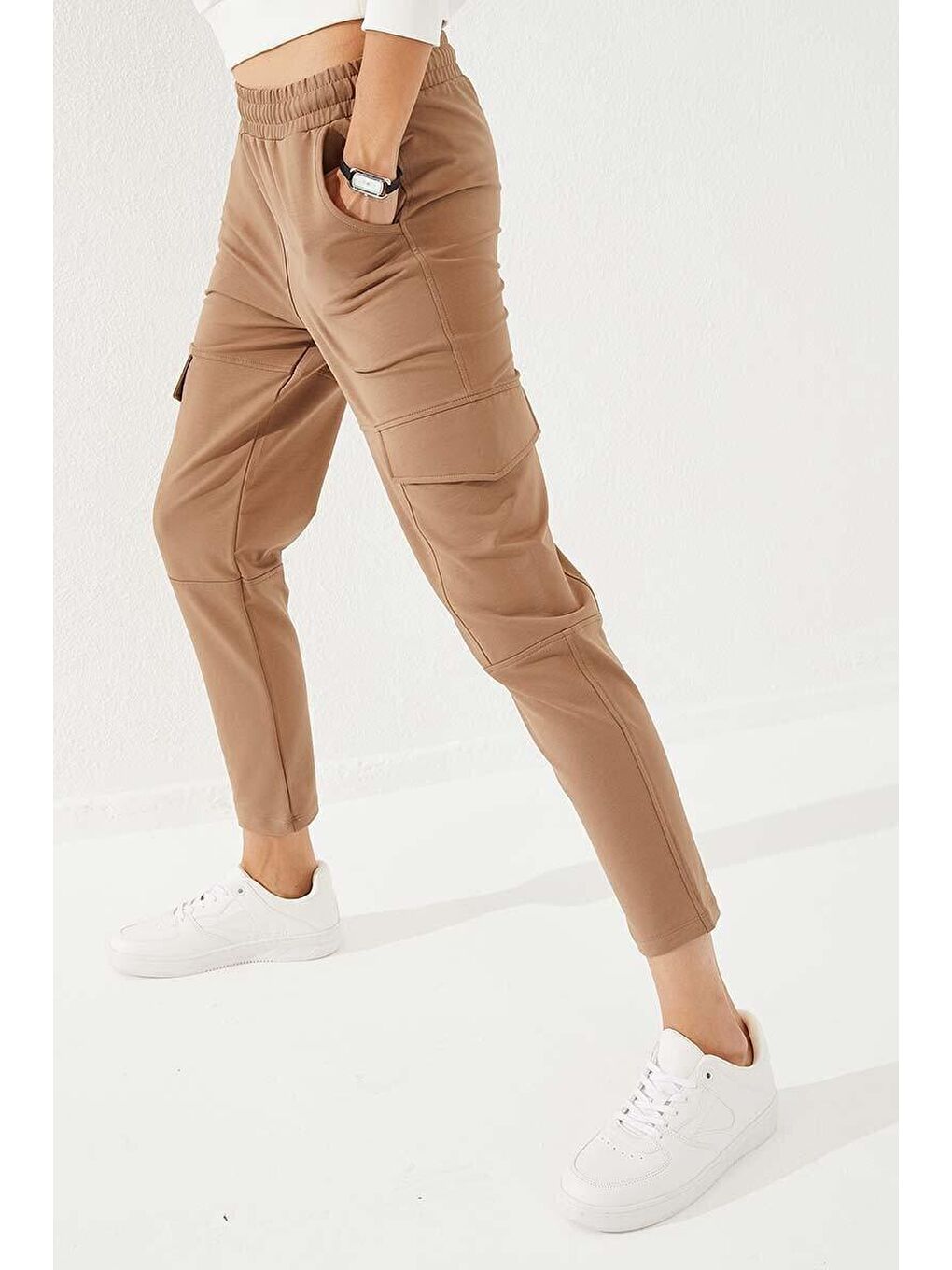 Kahverengi Toprak Yüksek Bel Kargo Cep Rahat Form Dar Paça Kadın Eşofman Alt - 94588-3