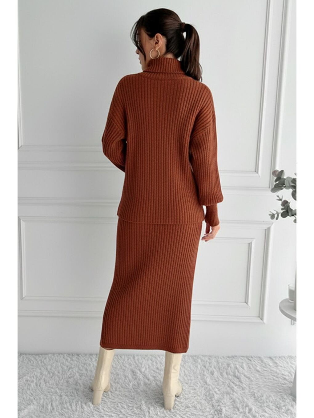 Kahverengi Kadın Tam Balıkçı Yaka Fitilli Triko Kazak Etek İkili Takım-2