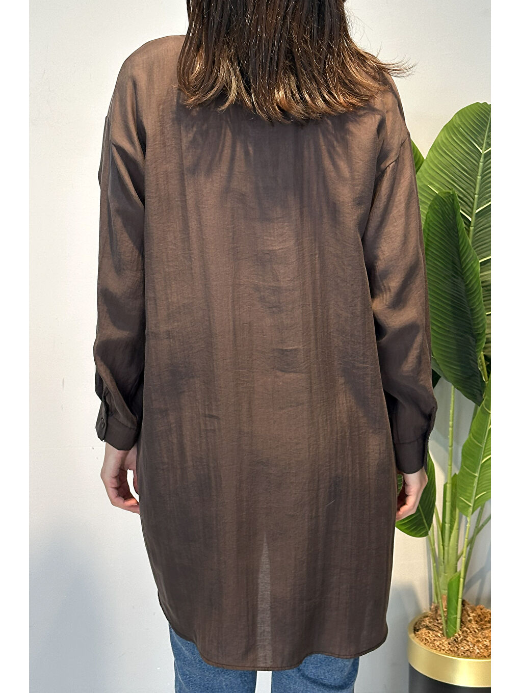Kahverengi Nakış İşlemeli Oversize Gömlek Tunik 4471 Kahve-3