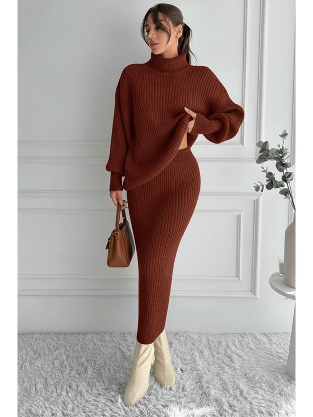 Kahverengi Kadın Tam Balıkçı Yaka Fitilli Triko Kazak Etek İkili Takım-3