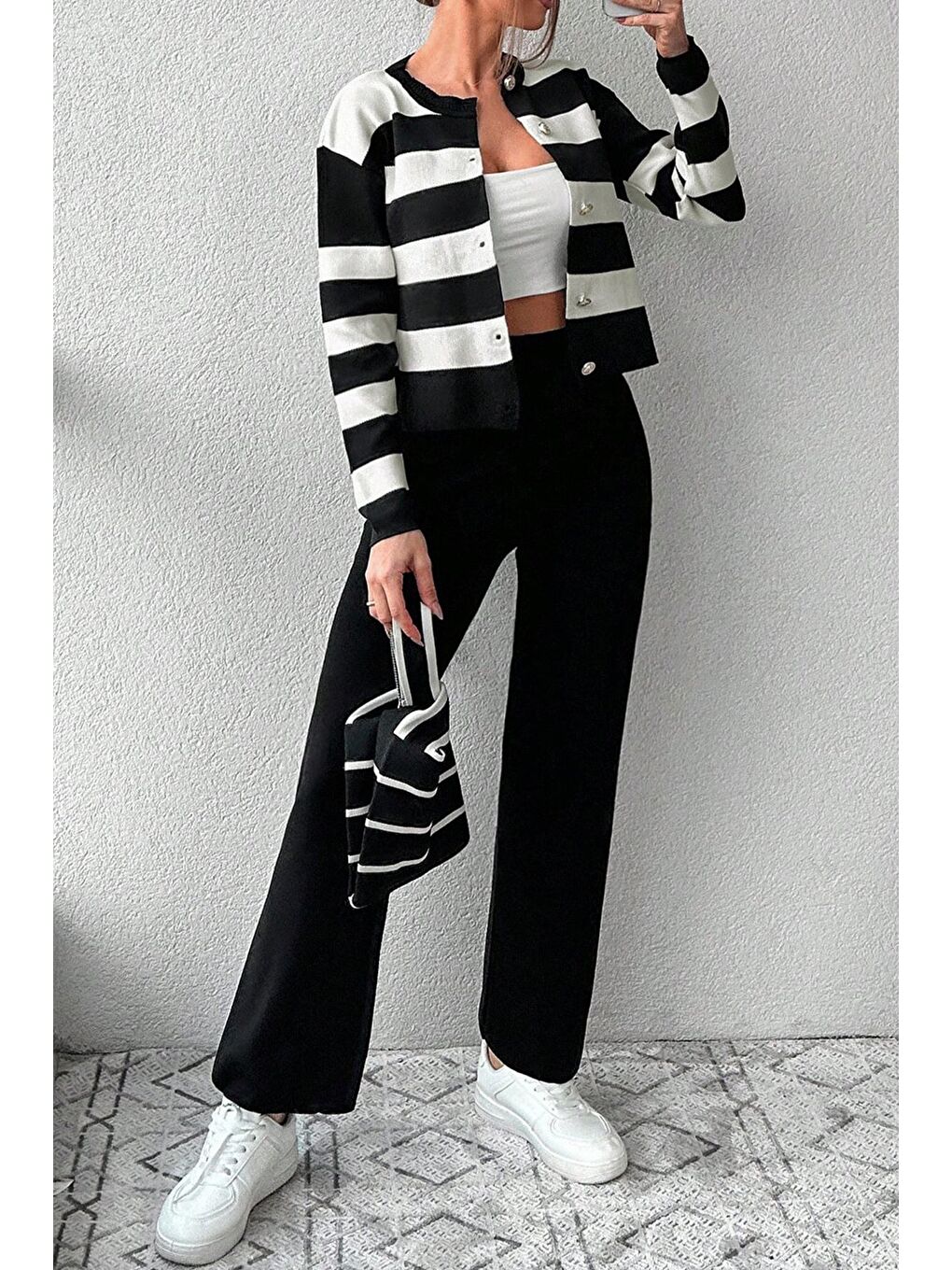 Siyah Kadın Renk Bloklu Ön Düğmeli Triko Hırka Pantolon İkili Takım-2