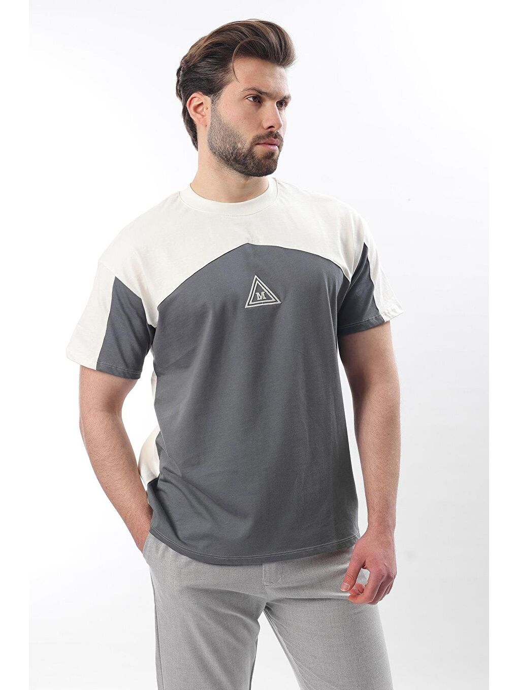 Ekru Overfit Garnili Erkek %100 Pamuk Tişört E7104-1