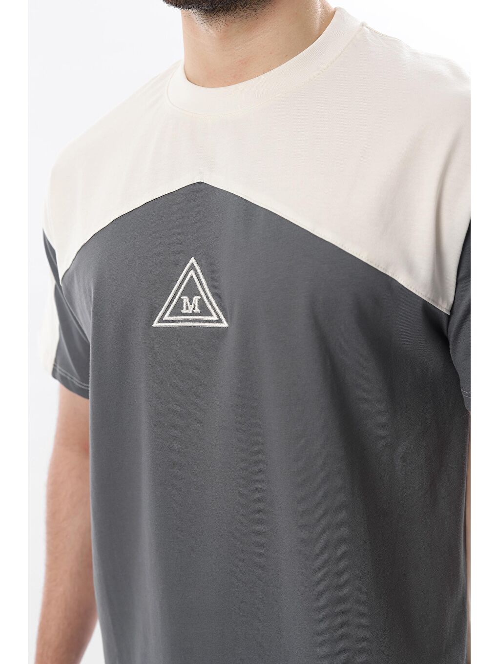 Ekru Overfit Garnili Erkek %100 Pamuk Tişört E7104-2