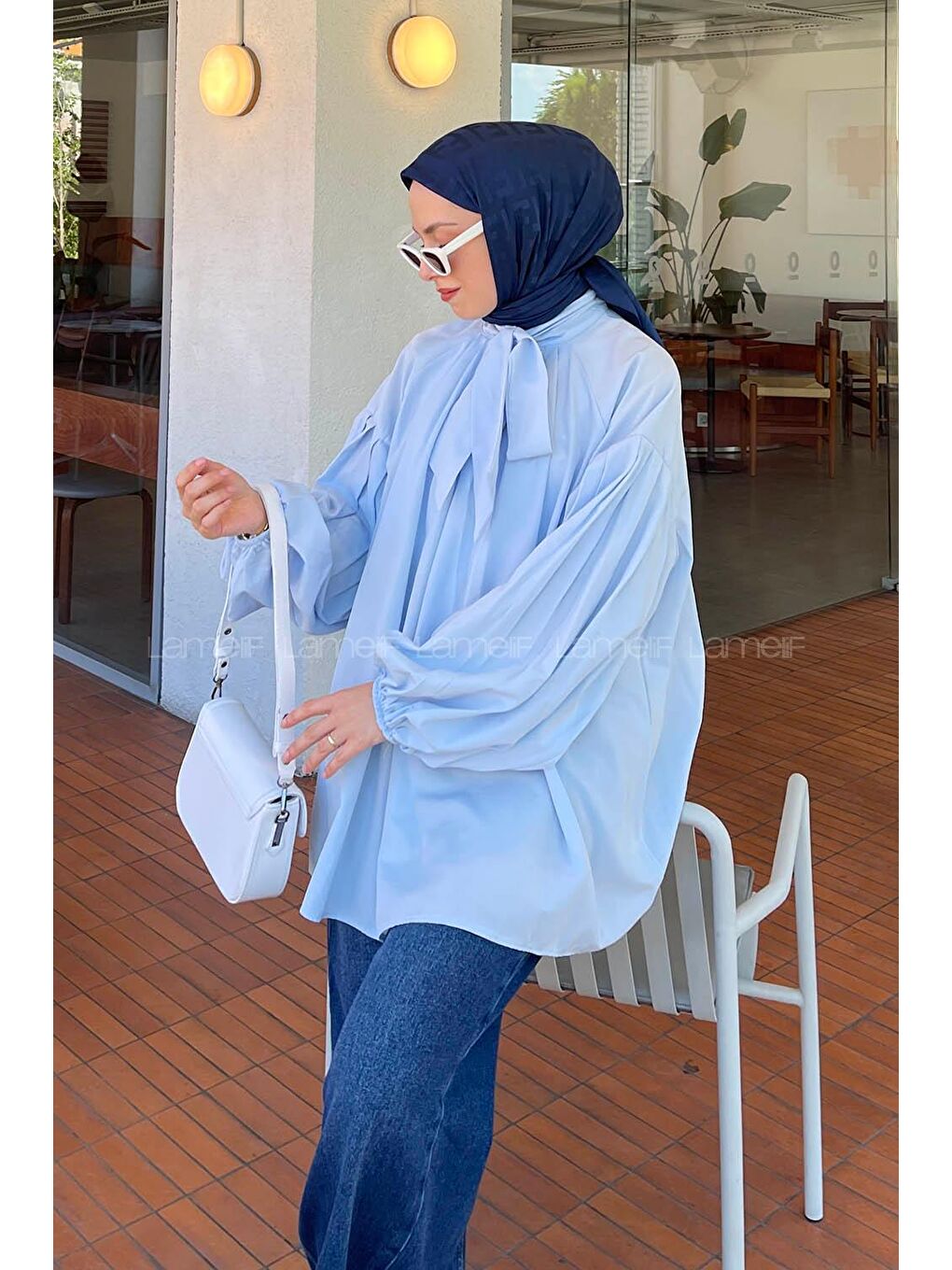 Yaka Fular Detaylı Gömlek Bebe Mavisi-1