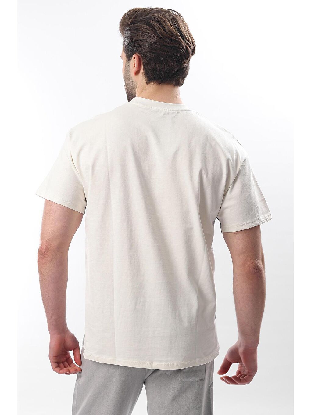 Ekru Overfit Garnili Erkek %100 Pamuk Tişört E7104-3