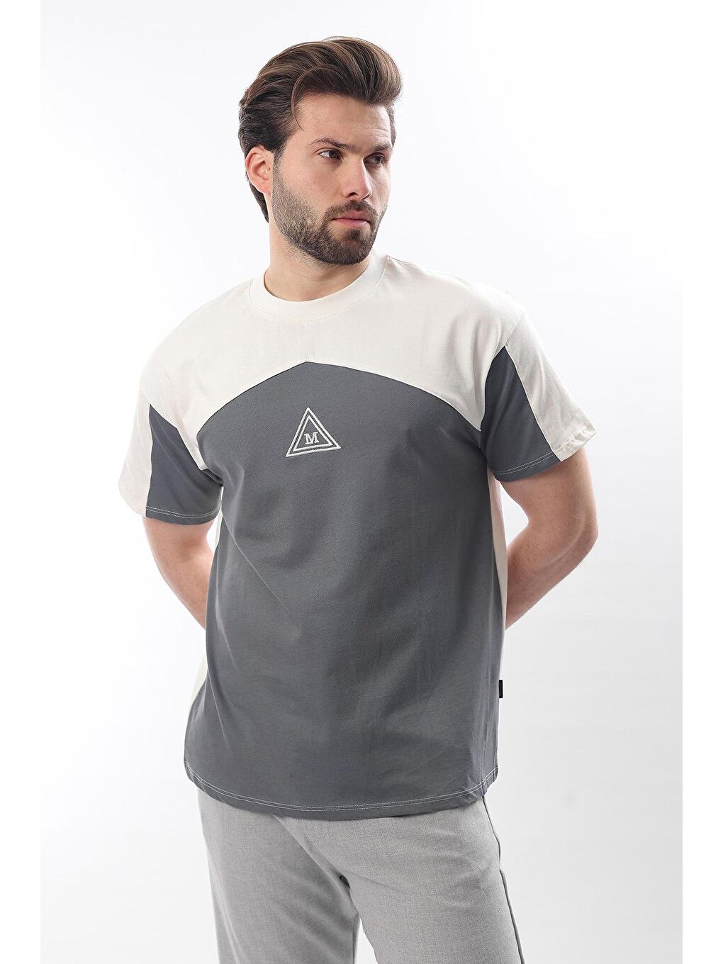 Ekru Overfit Garnili Erkek %100 Pamuk Tişört E7104-4