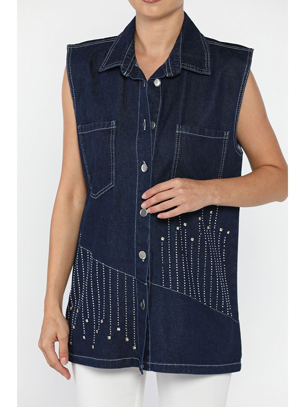 Lacivert Kadın Çift Cepli Taş İşlemeli Jean Yelek-1