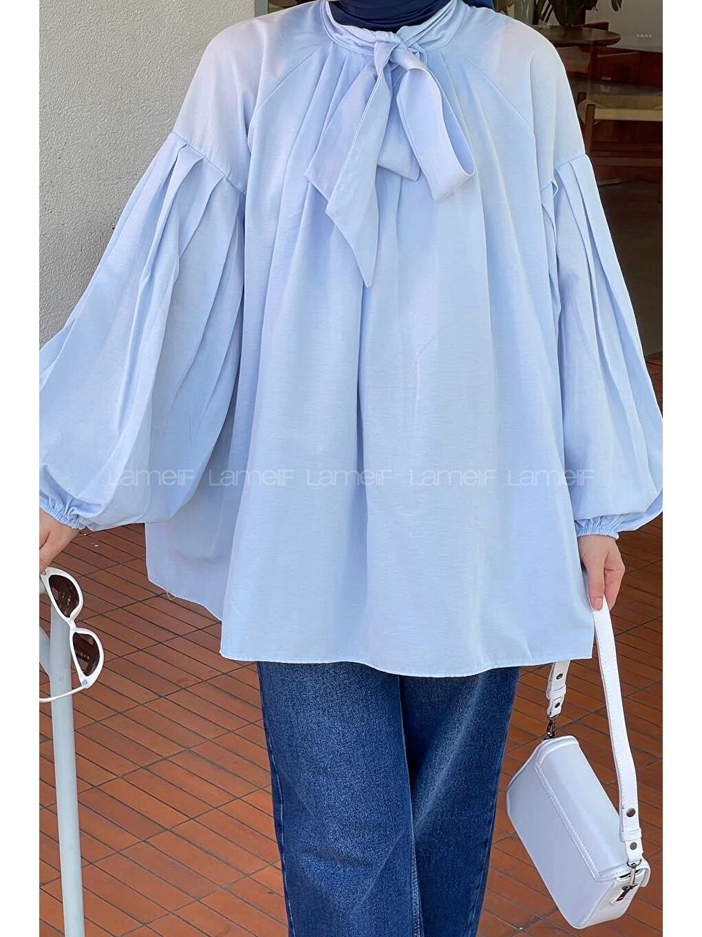 Yaka Fular Detaylı Gömlek Bebe Mavisi-2