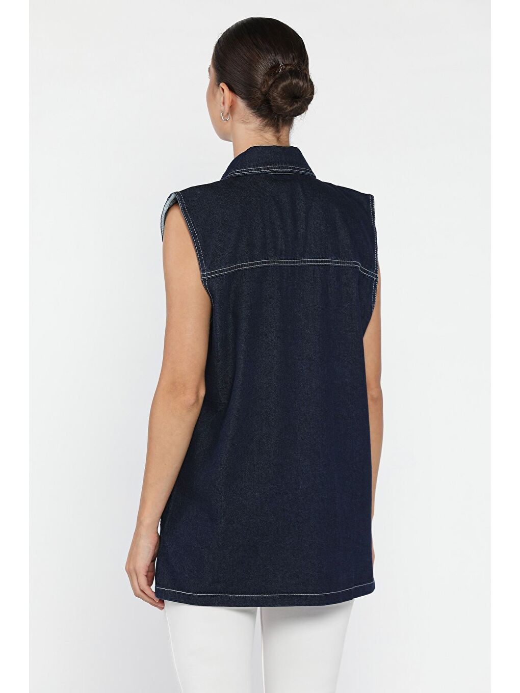 Lacivert Kadın Çift Cepli Taş İşlemeli Jean Yelek-2