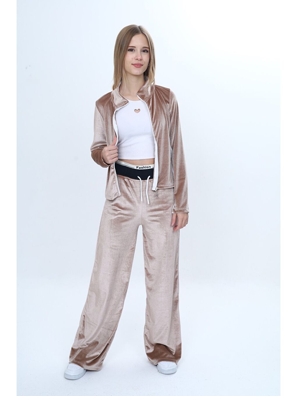 Kahverengi Kız Çocuk 2'li Takım Fermuarlıı Cepli Sweatshirt & Beli Lastikli Bol Paça Cepli Eşofman Alt-1