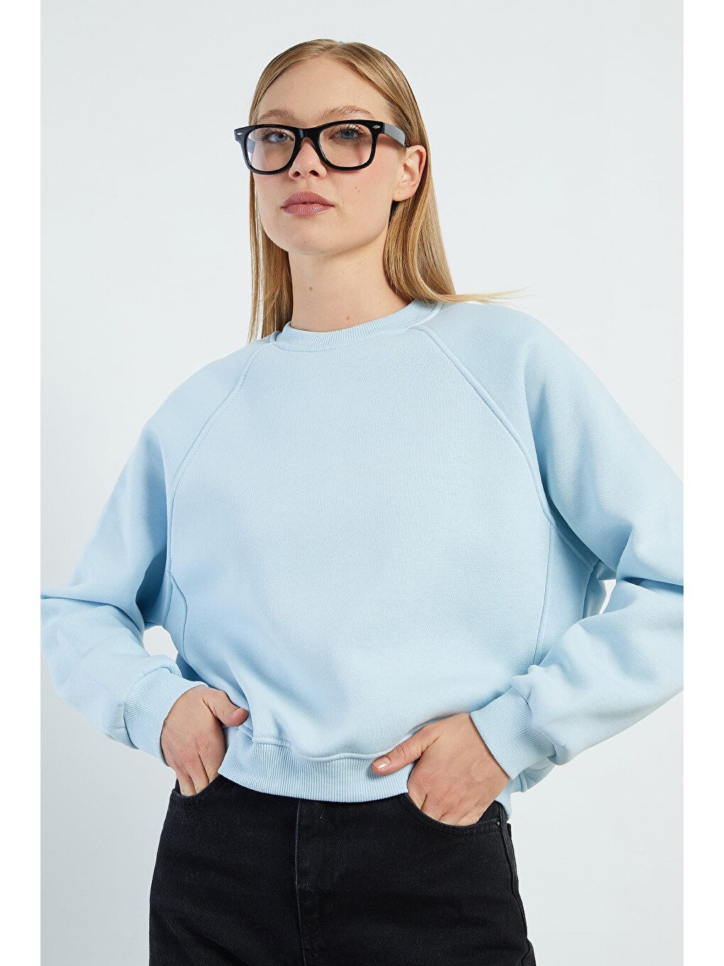 Mavi 3 İplik Basic Bisiklet Yaka Oversize Sweatshirt