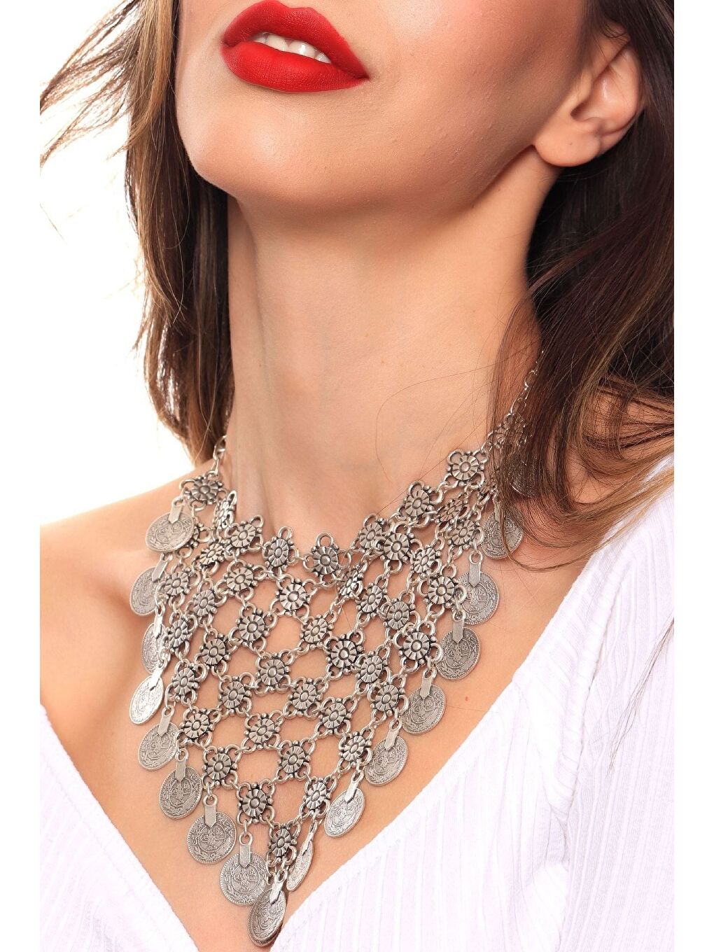 Gri Kadın Antik Gümüş Kaplama Tuğralı Örgü Kolye-2