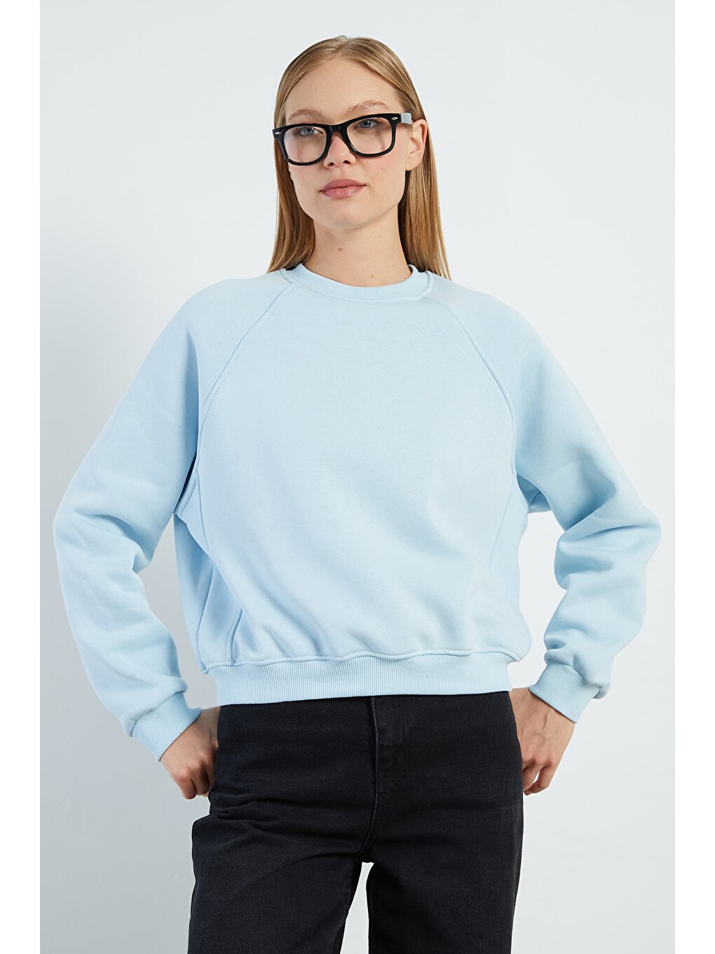 Mavi 3 İplik Basic Bisiklet Yaka Oversize Sweatshirt-3