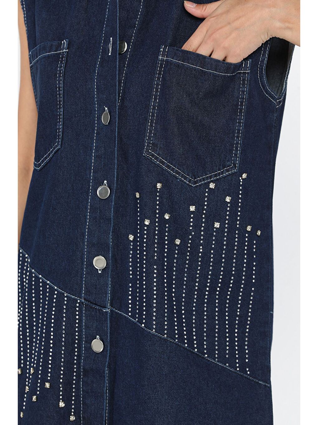 Lacivert Kadın Çift Cepli Taş İşlemeli Jean Yelek-3