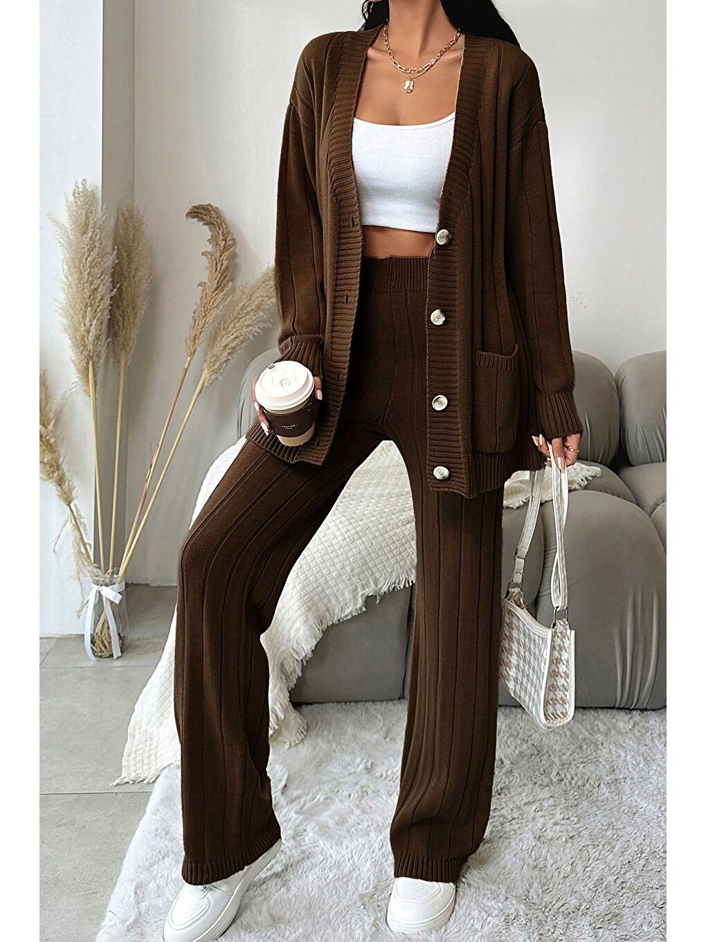 Kahverengi Kadın Ön Düğmeli Kendinden Çizgi Desenli Triko Hırka Pantolon İkili Takım-2