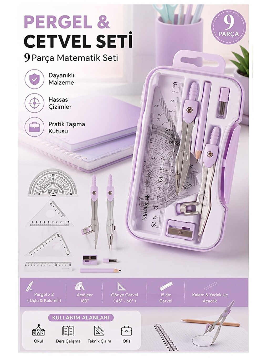 Lila Metal Pergel Seti 9 Parça 1 Paket 9121 Profesyonel Pergel Çizim Proje Matematik Mimar Mühendis