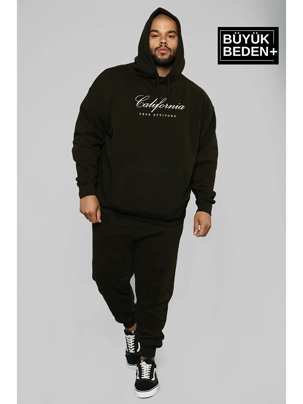 Siyah El Yazılı California Baskılı  İnce Kapüşonlu Erkek Büyük Beden Hoodie SPR25BSW62