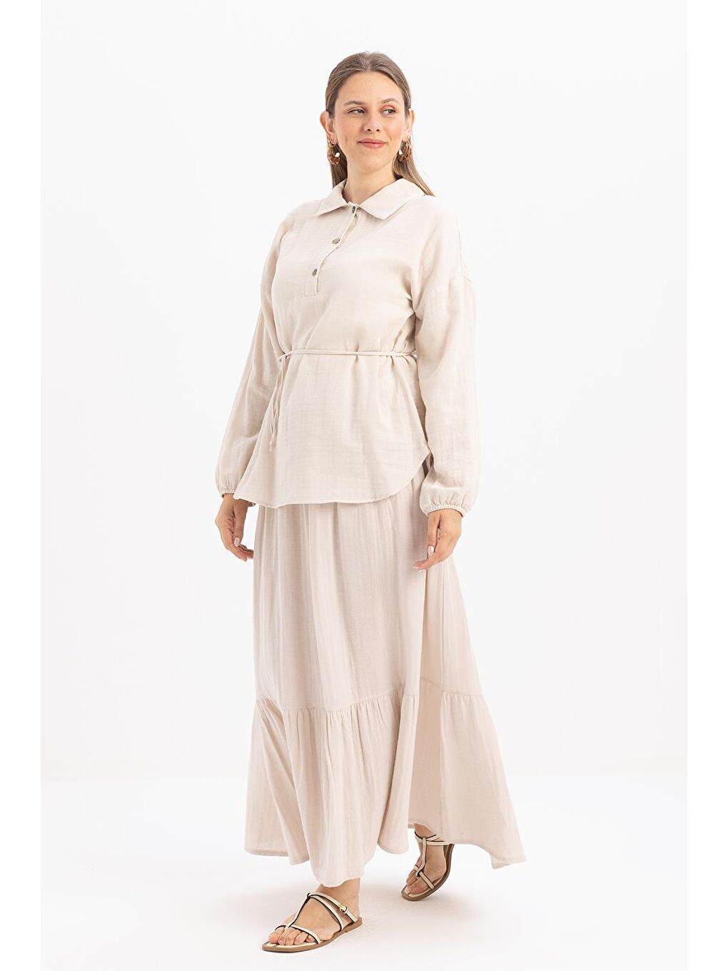 Bej Taş-Yarım Patlı Düğmeli Müslin Tunik-1