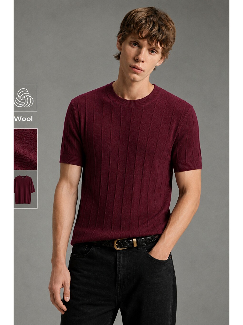 Bordo Erkek Çizgili Triko Tişört Bisiklet Yaka Slim Fit Kısa Kollu