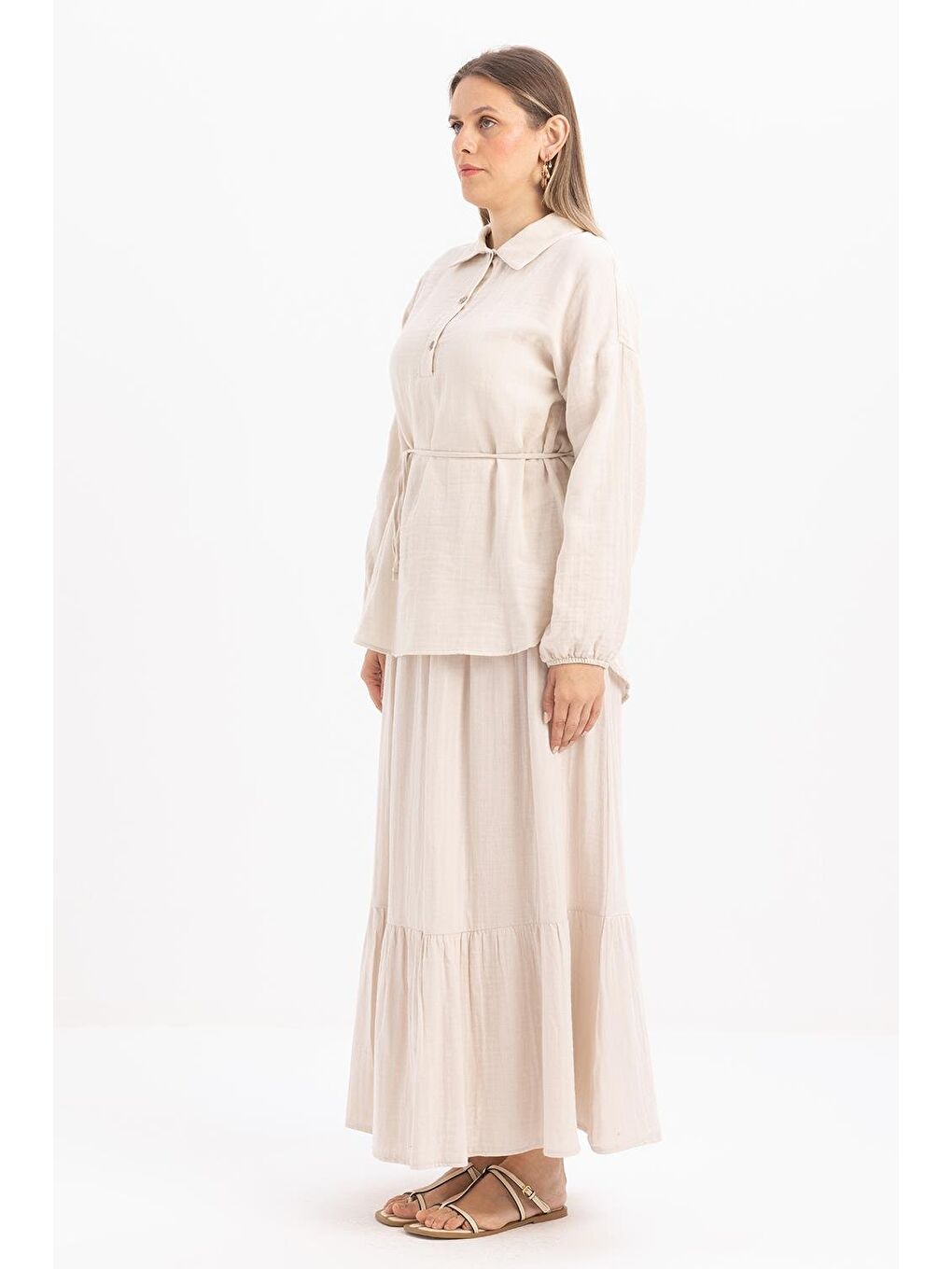 Bej Taş-Yarım Patlı Düğmeli Müslin Tunik-2