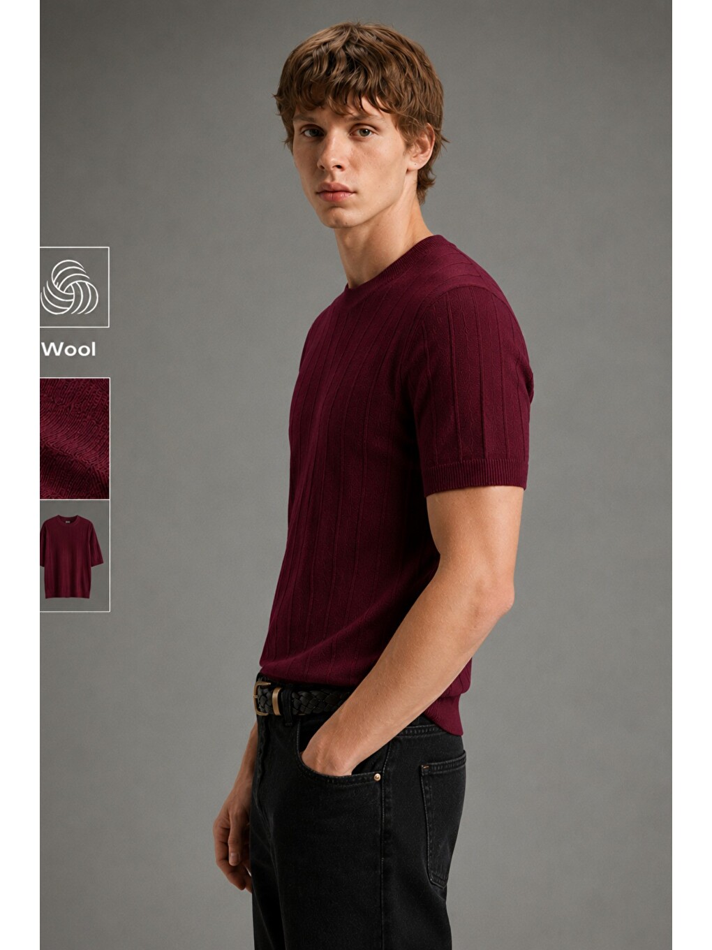 Bordo Erkek Çizgili Triko Tişört Bisiklet Yaka Slim Fit Kısa Kollu-1