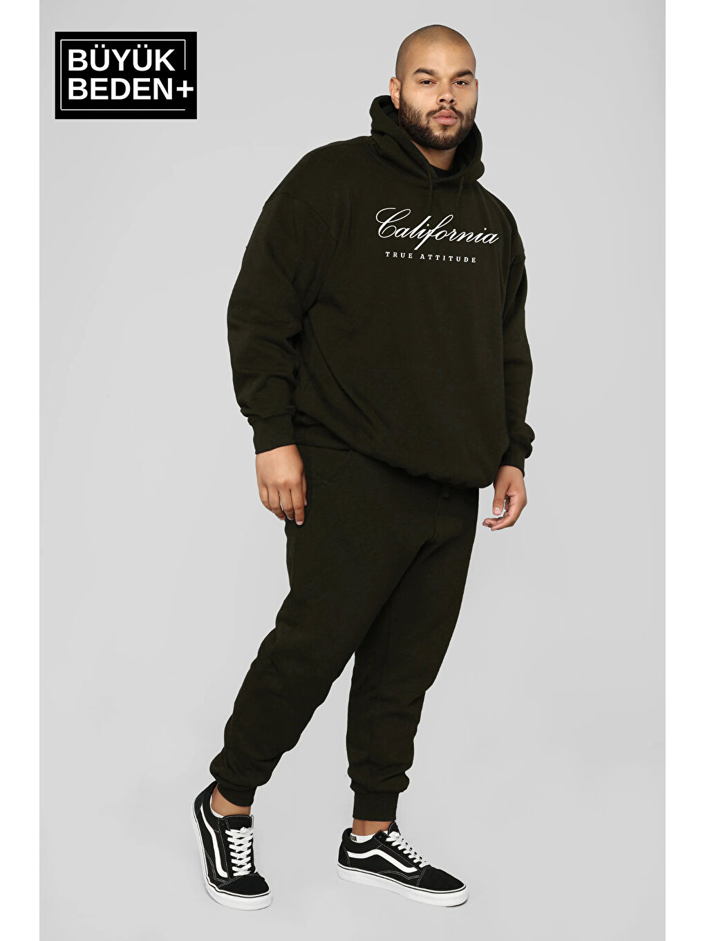 Siyah El Yazılı California Baskılı  İnce Kapüşonlu Erkek Büyük Beden Hoodie SPR25BSW62-1