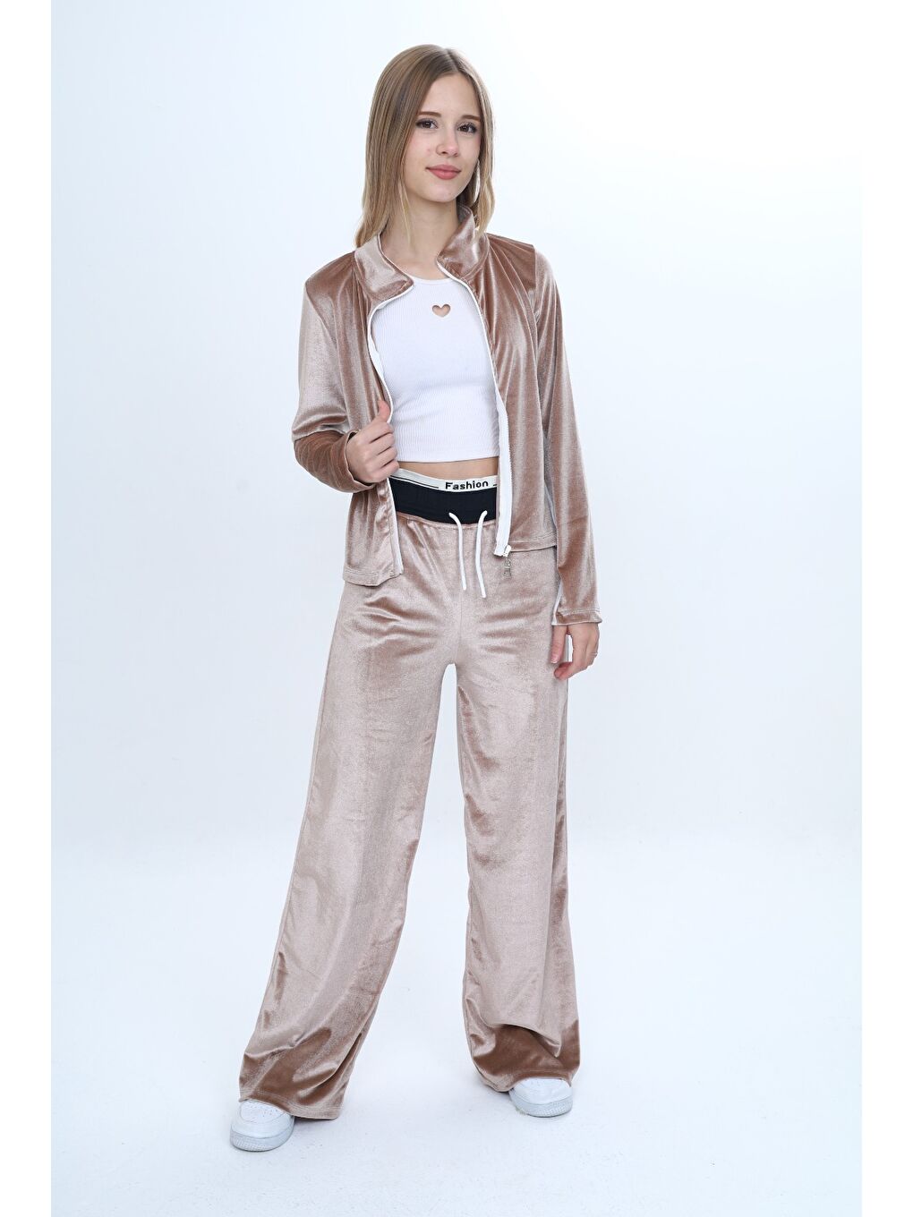 Kahverengi Kız Çocuk 2'li Takım Fermuarlıı Cepli Sweatshirt & Beli Lastikli Bol Paça Cepli Eşofman Alt-3
