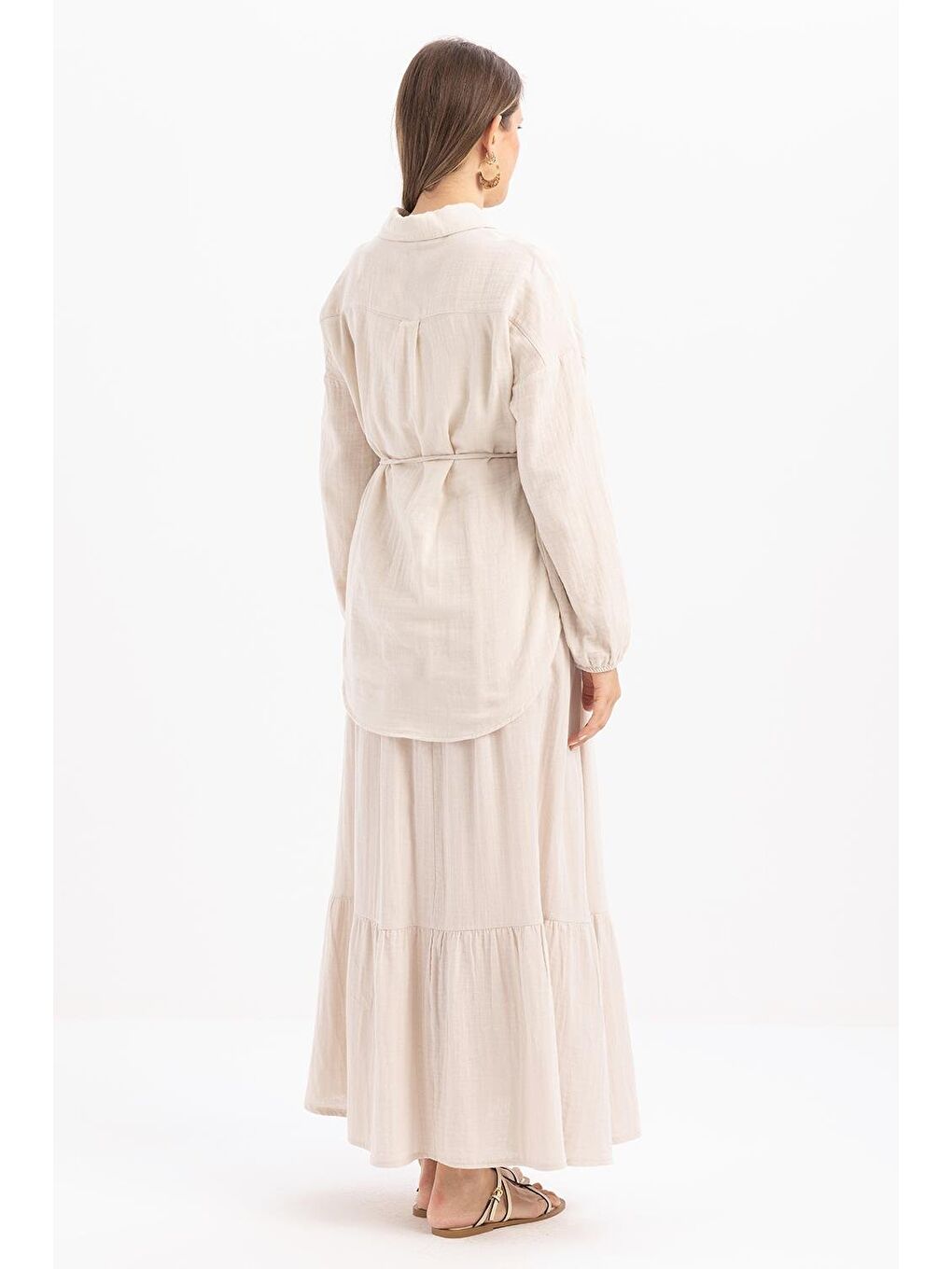 Bej Taş-Yarım Patlı Düğmeli Müslin Tunik-3