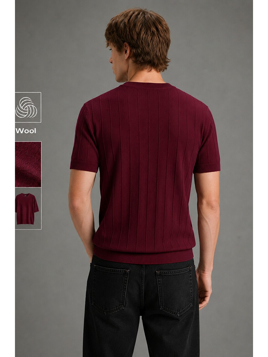 Bordo Erkek Çizgili Triko Tişört Bisiklet Yaka Slim Fit Kısa Kollu-2