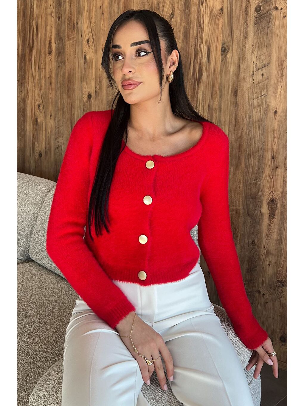 Kırmızı Şardonlu Kadın Crop Top Triko Hırka (s,m,l,xl Uyumludur)