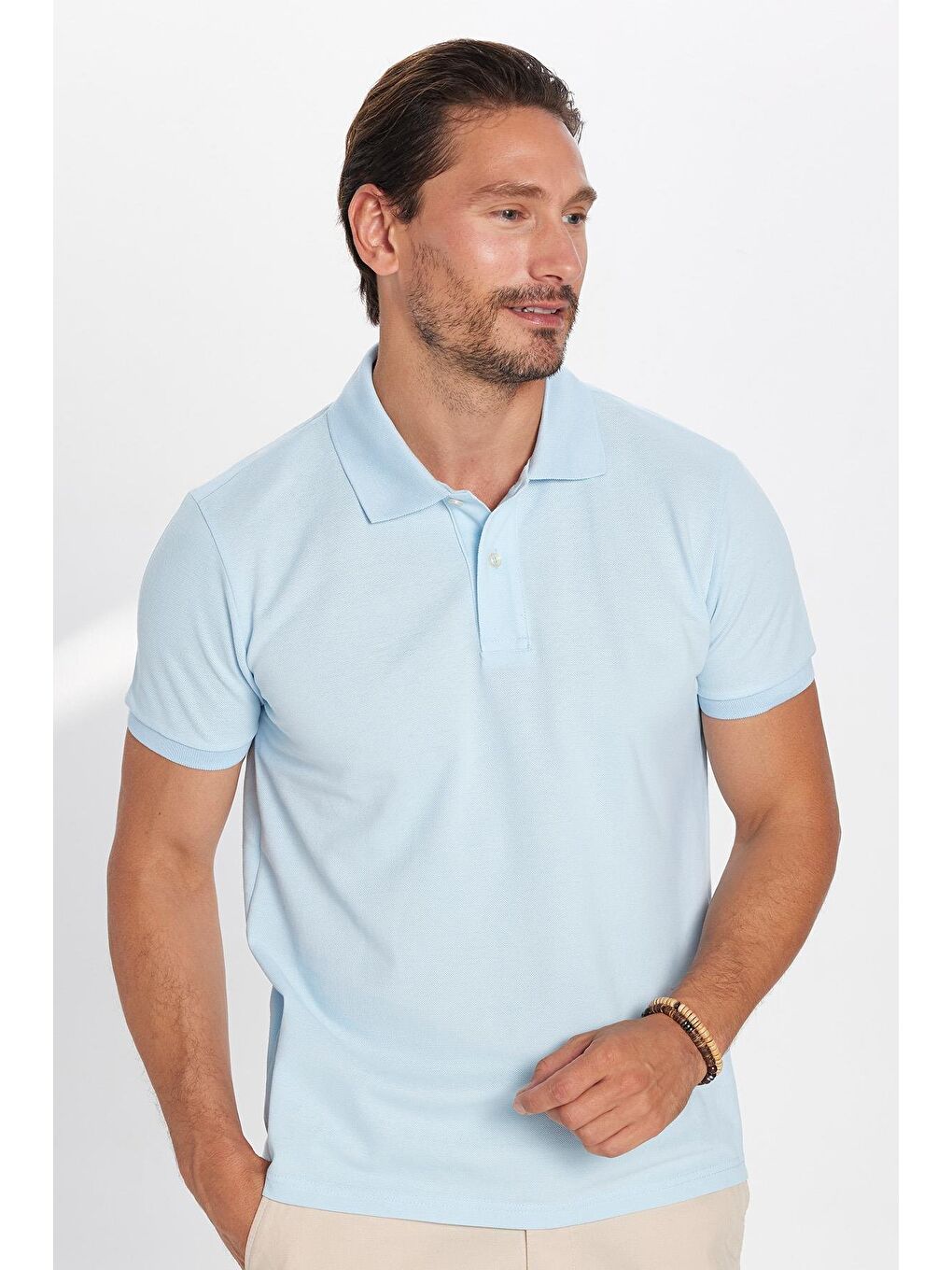 Erkek Slim Fit Dar Kesim %100 Pamuk Açık Mavi Polo Yaka Tişört