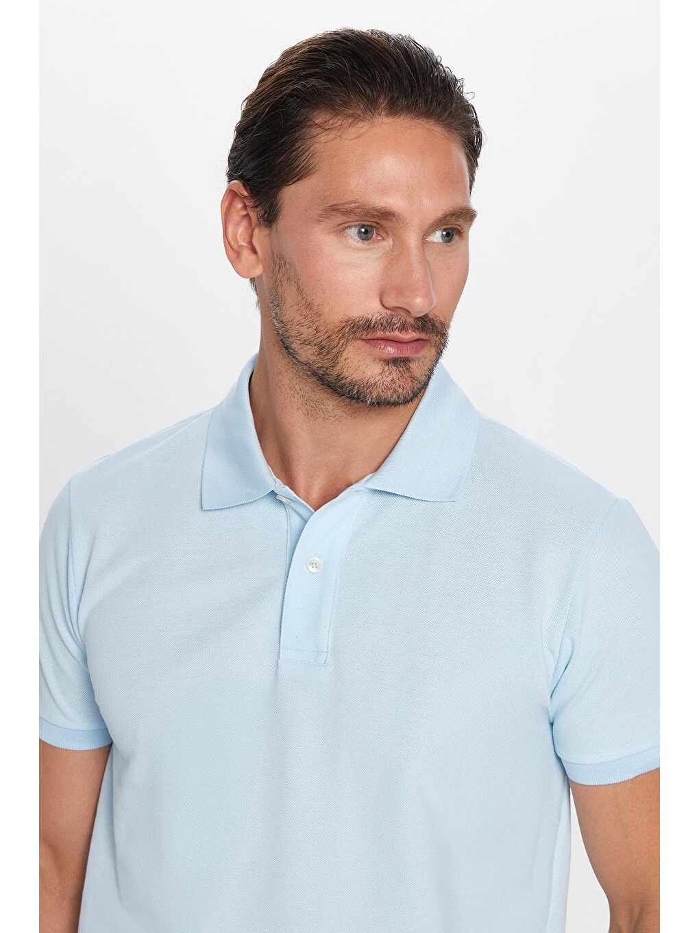 Erkek Slim Fit Dar Kesim %100 Pamuk Açık Mavi Polo Yaka Tişört-1