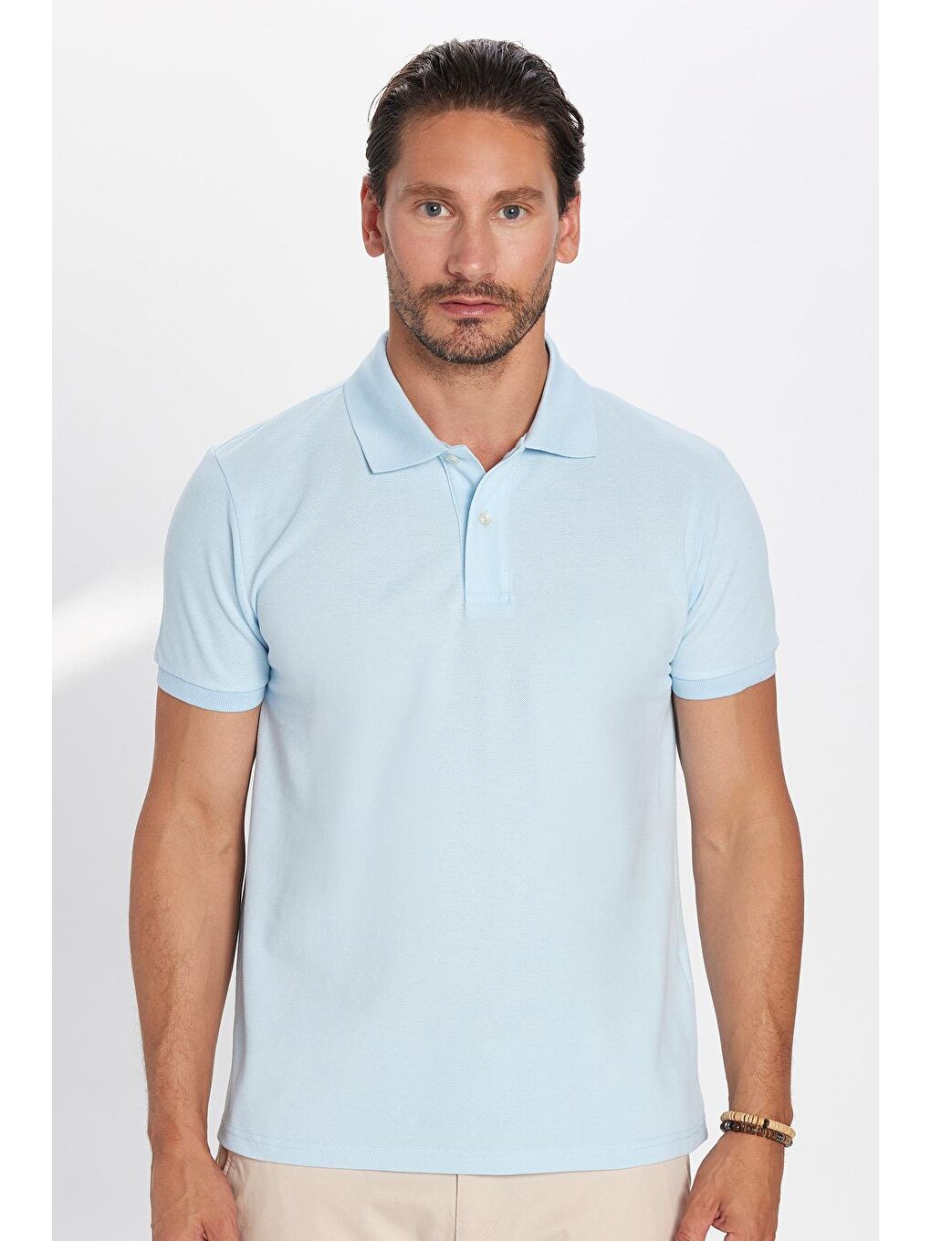 Erkek Slim Fit Dar Kesim %100 Pamuk Açık Mavi Polo Yaka Tişört-3