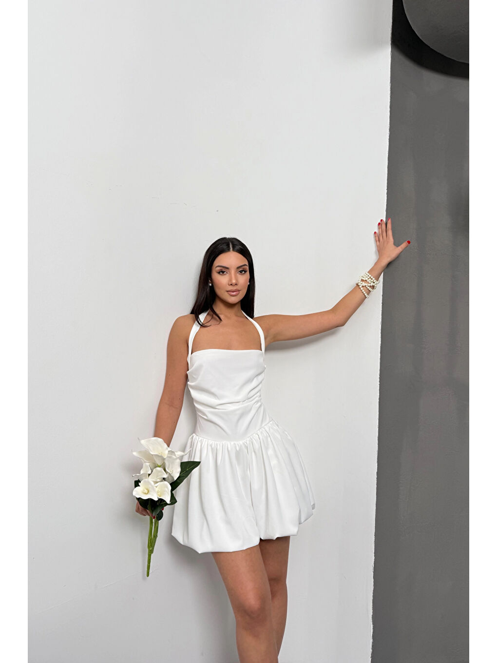 Kadın Beyaz Boyundan Bağlamalı Elbise 1026-221625-6